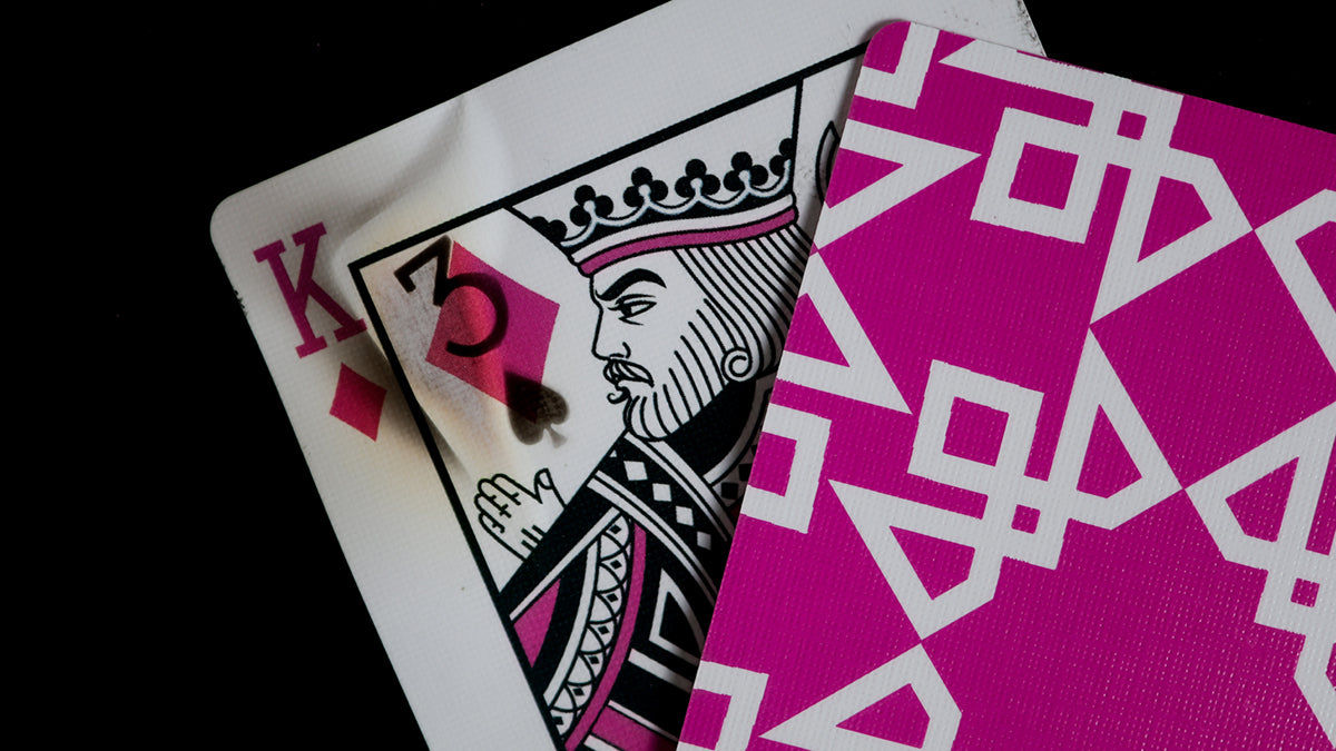 Daniel Madison Pink Masters Playing Cards King of Diamonds with BURN Revelation of 3 of Spades - BURN by Daniel Madison and Eoin O'hare of the Perfect Shuffle template for playing card revelations BURN trick