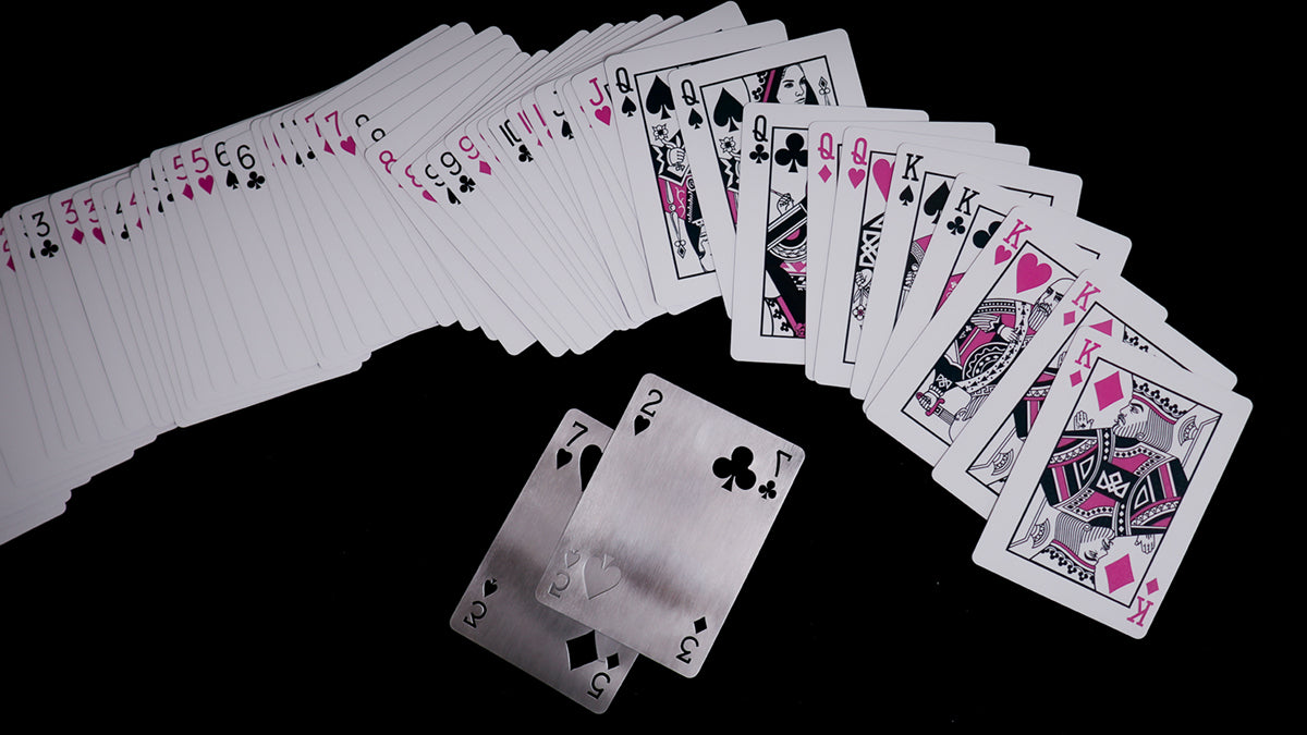 Daniel Madison Pink Masters Playing Cards face cards ribbon spread pink and black with BURN Revelation of 3 of Spades - BURN by Daniel Madison and Eoin O'hare of the Perfect Shuffle template for playing card revelations BURN trick
