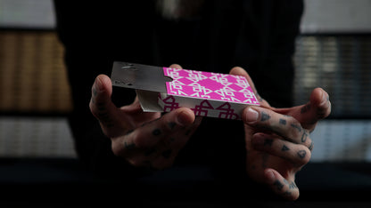 Daniel Madison Pink Masters Playing Cards inside the tuck box with the BURN tools by Madison x O'hare of the Perfect Shuffle template for playing card revelations BURN trick