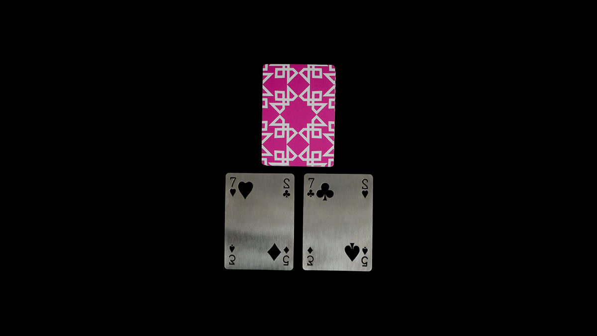 Daniel Madison Pink Masters Playing Cards Back Design with Metal BURN Tool by Daniel Madison and Eoin O'hare of the Perfect Shuffle template for playing card revelations BURN trick