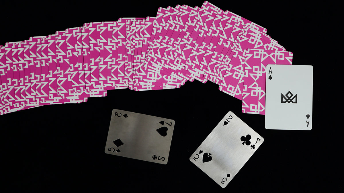 Daniel Madison Pink Masters Playing Cards with Ace of Spades and BURN tools by Daniel Madison and Eoin O'hare of the Perfect Shuffle template for playing card revelations BURN trick