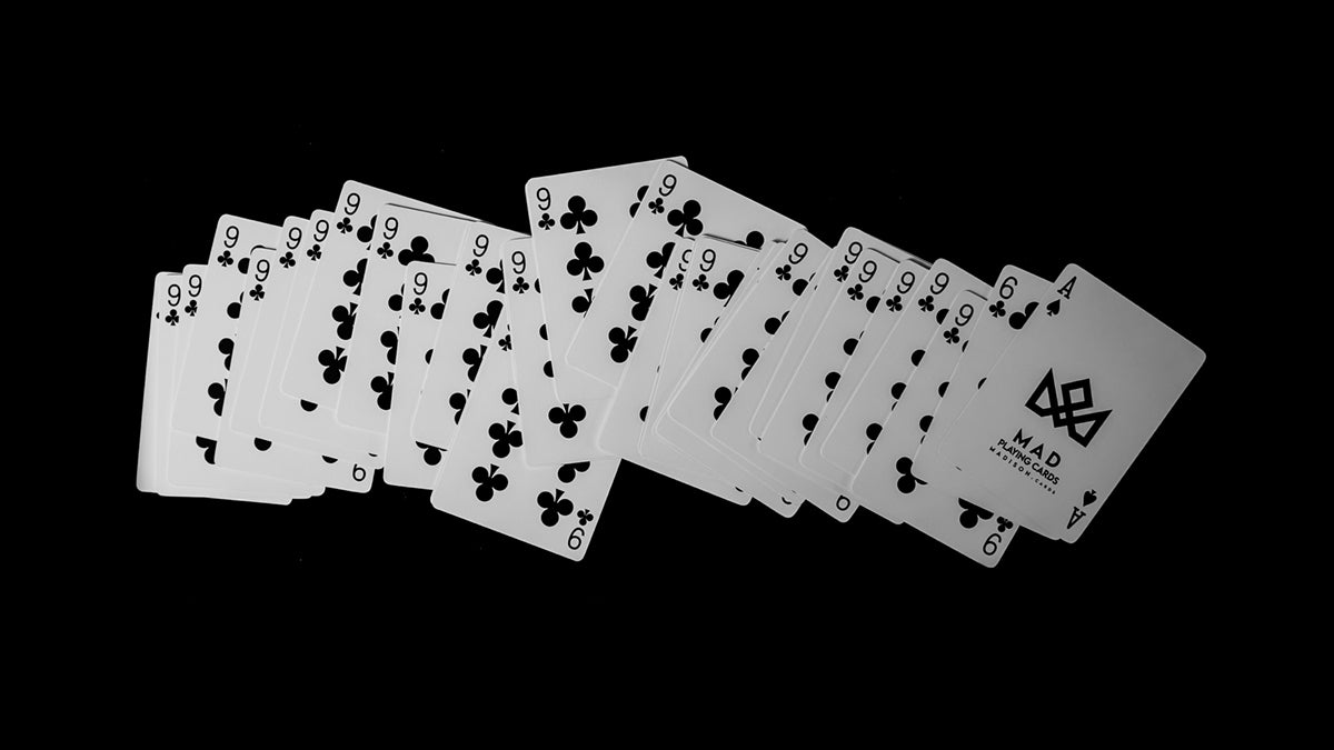 Daniel Madison - the 9 of Clubs and the Mad Deck blue Svengali playing cards all 9 of Clubs and the ace of spades