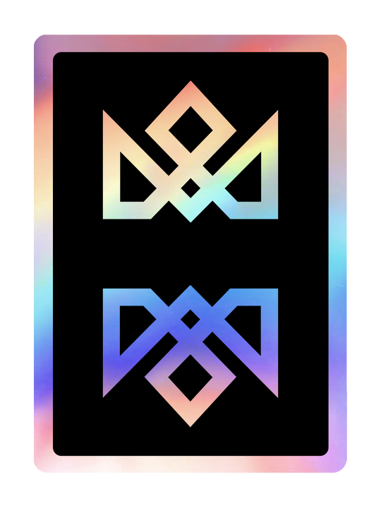 Holographic Acolyte playing cards by Daniel Madison. Image shows one card standing upright, premium magic playing cards