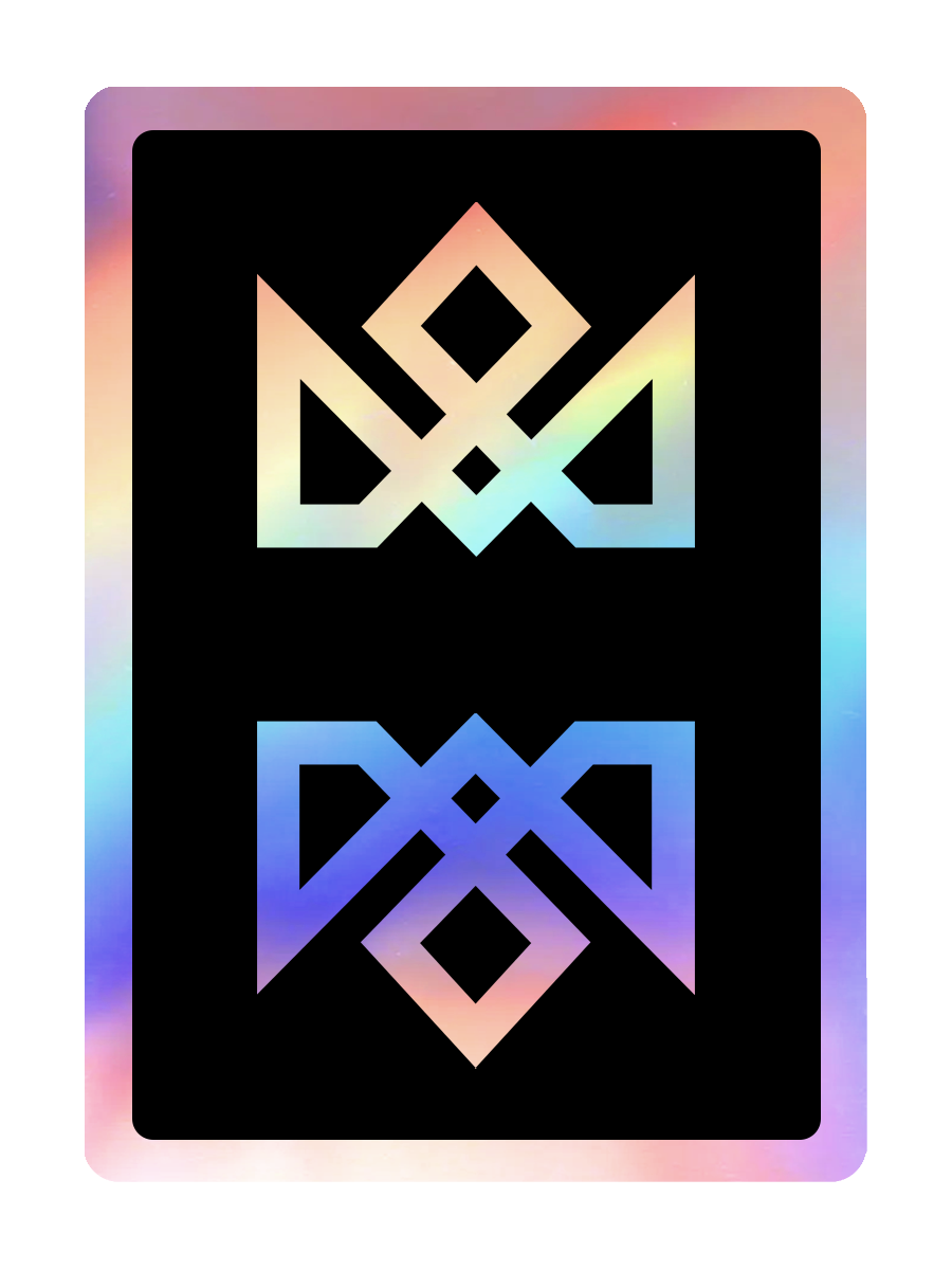 Holographic Acolyte playing cards by Daniel Madison. Image shows one card standing upright, premium magic playing cards