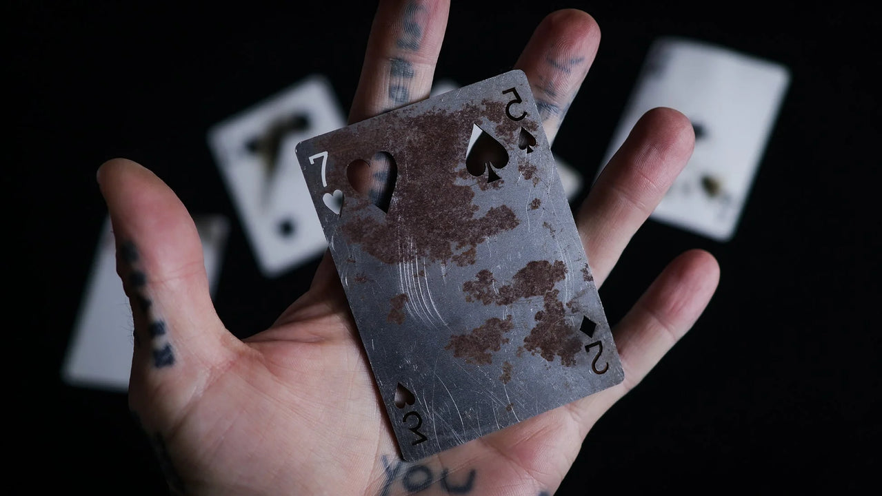 BURN Tool revelations by Daniel Madison - create 7 of Hearts, 5 of Spades, 3 of Hearts and 2 of Diamonds burns on playing cards using this original 1998 prototype