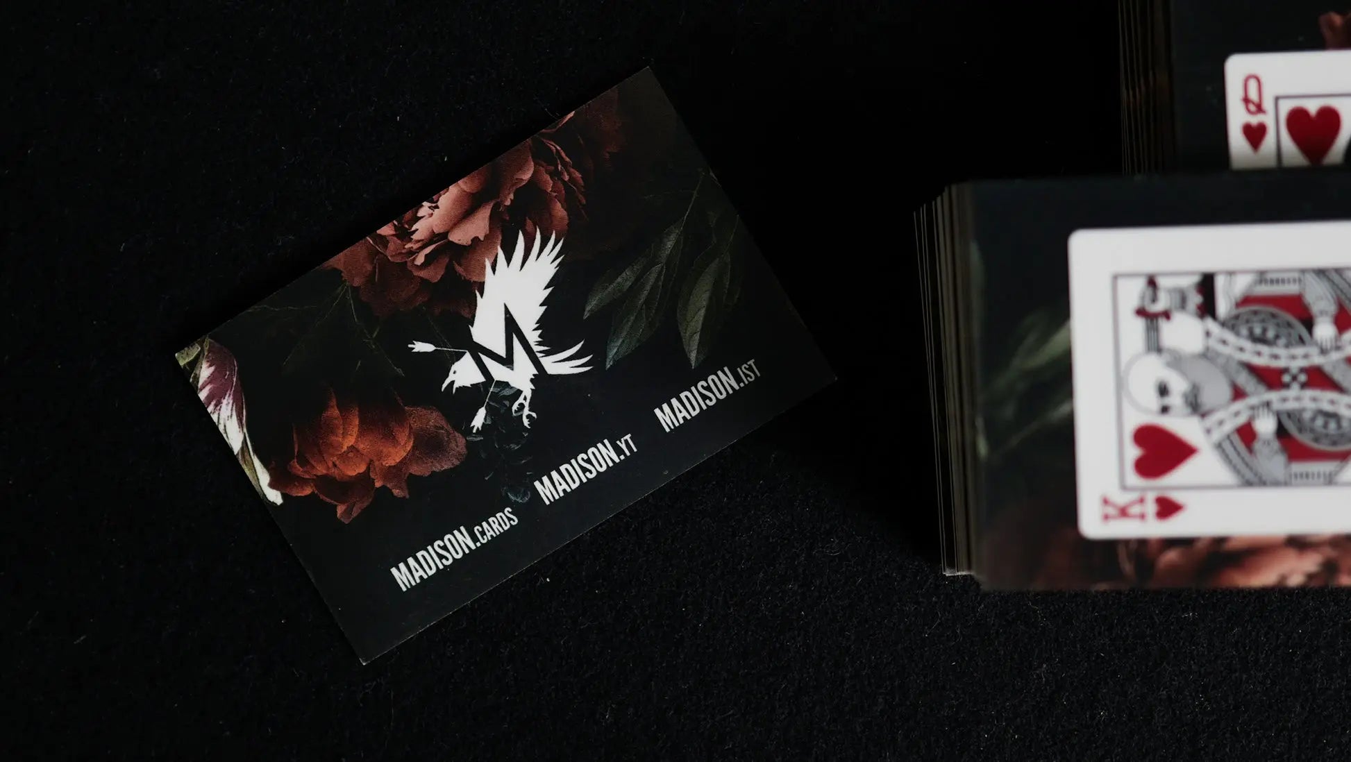 Executive Advocate pocket index with custom gaff business cards - Ace of Spades revealing King of Diamonds and 4 of Hearts melting into 9 of Clubs, used at only 2 events