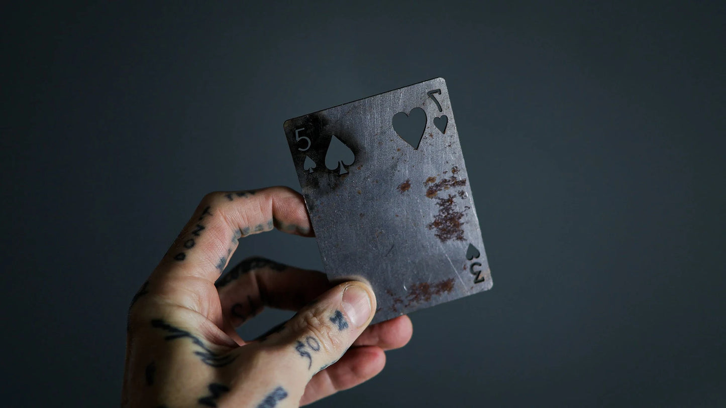 Daniel Madison's complete BURN collection - rusted prototype tool, 4 original red CHARLATANS BURN Cards, and 2 INFLICTION gimmicks for blister effects, vintage collector's item